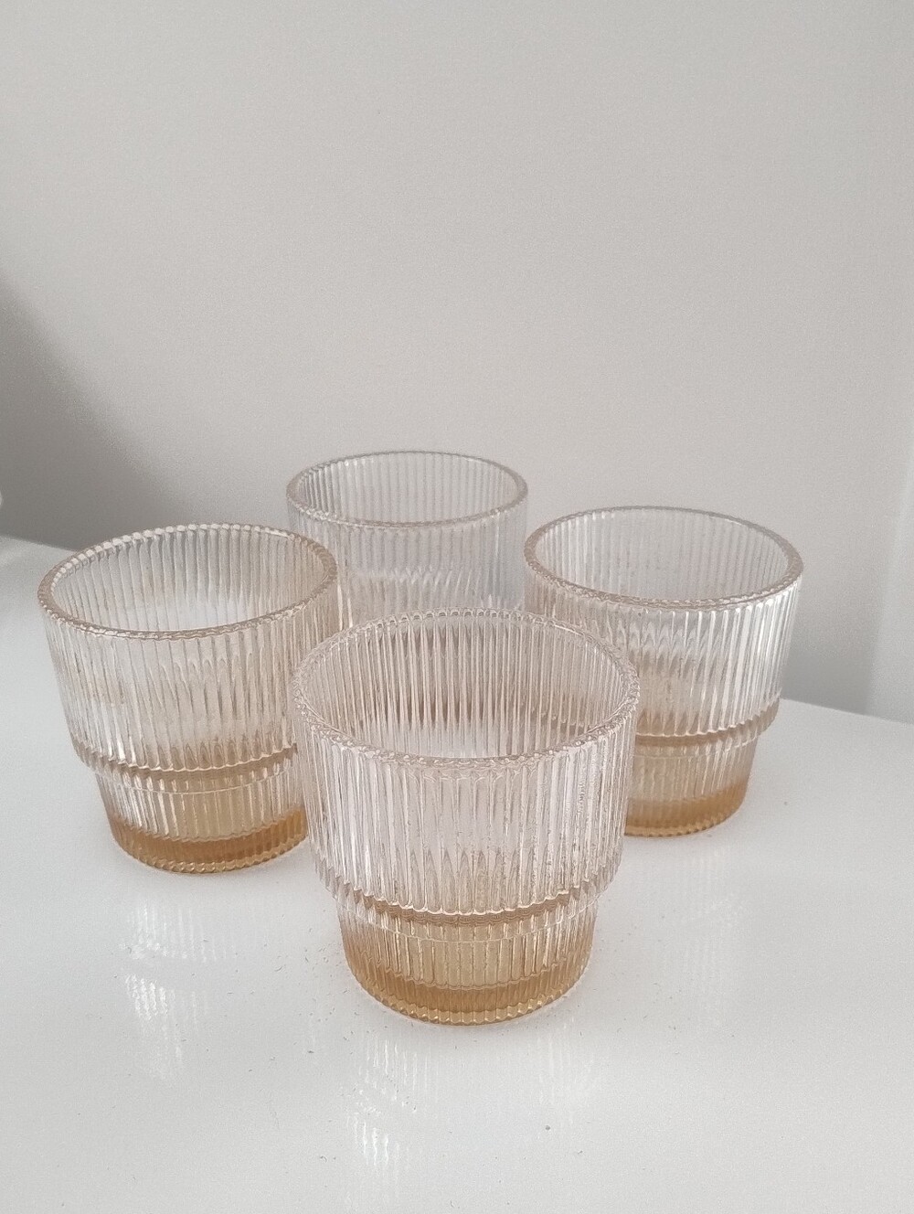 Set of 4 Ribbed Stackable Glass Atwell 11 Oz. Tumblers in Light Amber